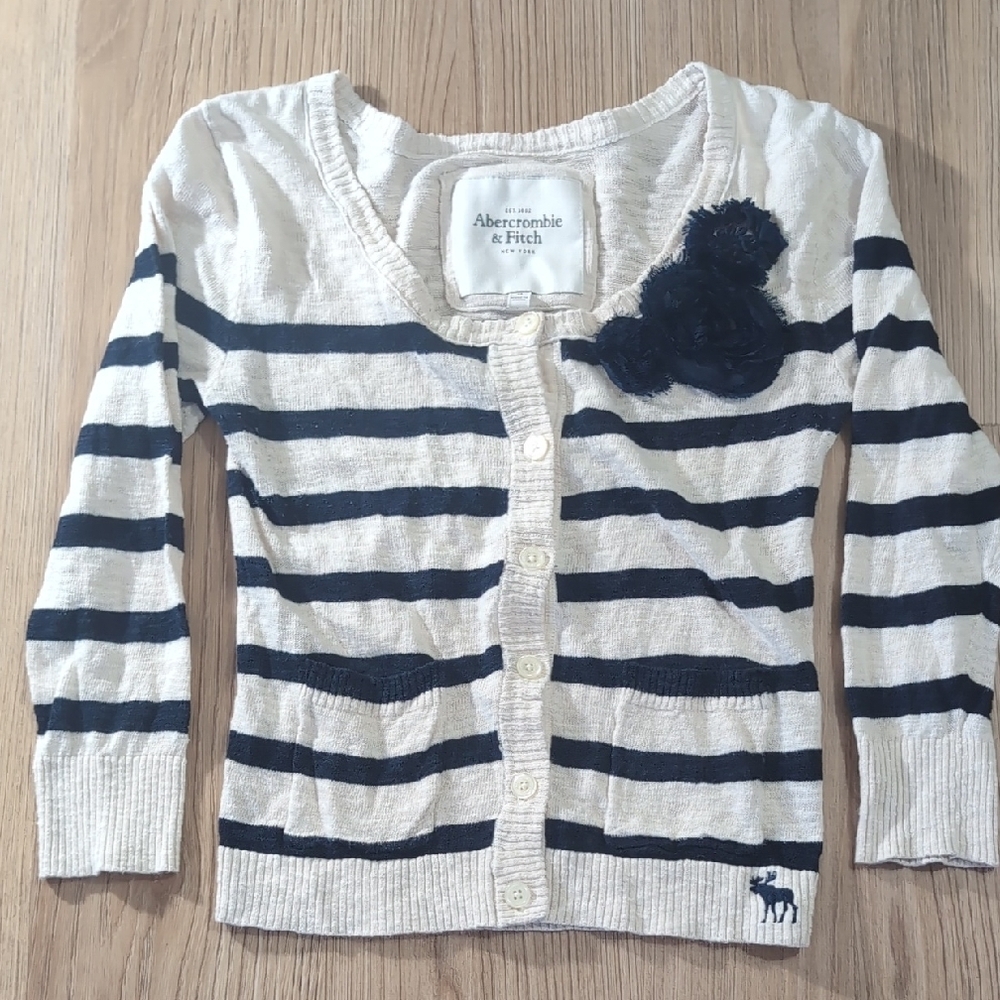 Abercrombie & Fitch Cream and Navy Striped Button Cardigan